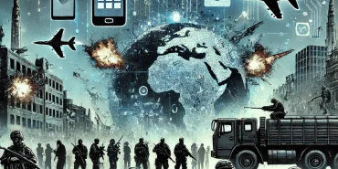 Savaş alanında dizüstü bilgisayarları ve dronları olan askerler